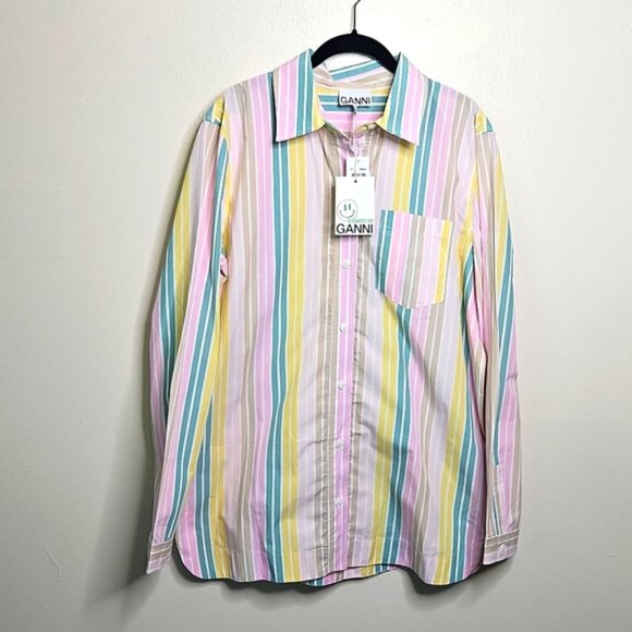 Ganni Striped Button Down Collared Shirt Size EU40 NWT - Picture 1 of 6